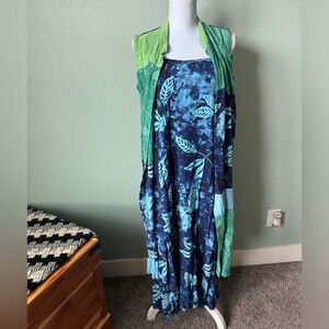 Womens Two Piece Dress Set Printed Batik Side Slits Size XL Pockets Patchwork
